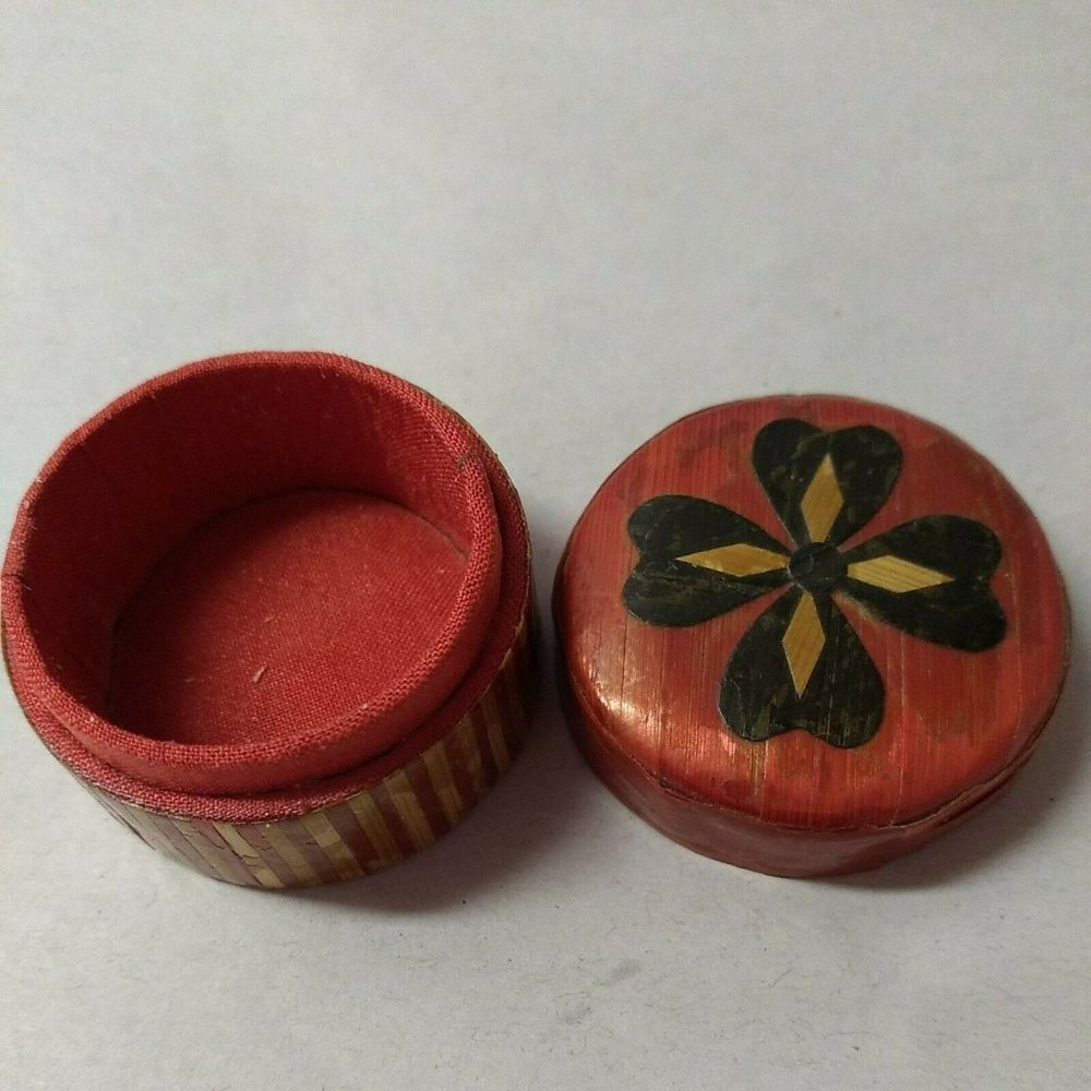 Trinket Pill Jewelry Box Hand Painted Paper Mache Ribbon Covered Round Rust Red